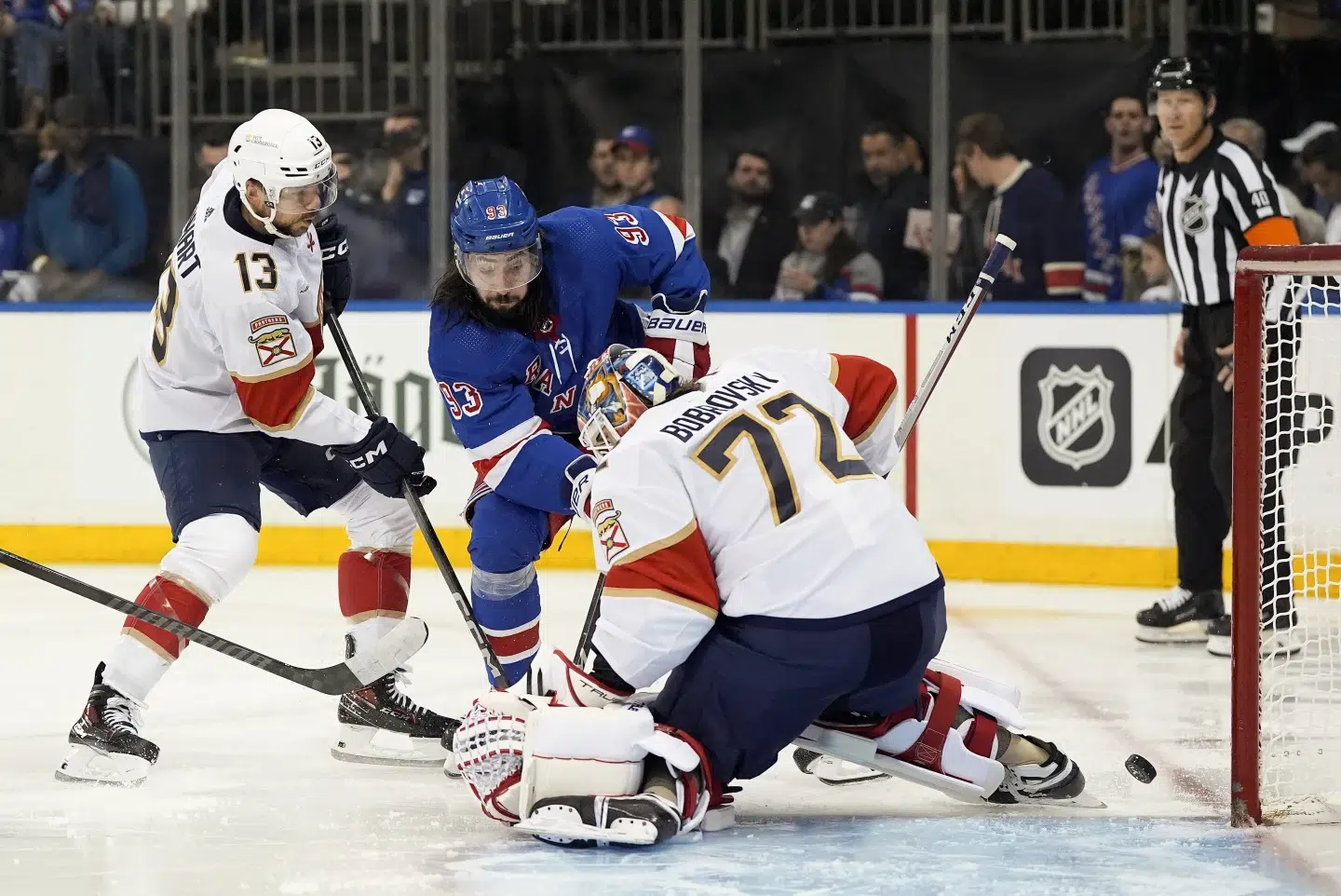 Bobrovsky makes 23 saves for first shutout of the postseason, Panthers beat Rangers 3-0 in Game 1